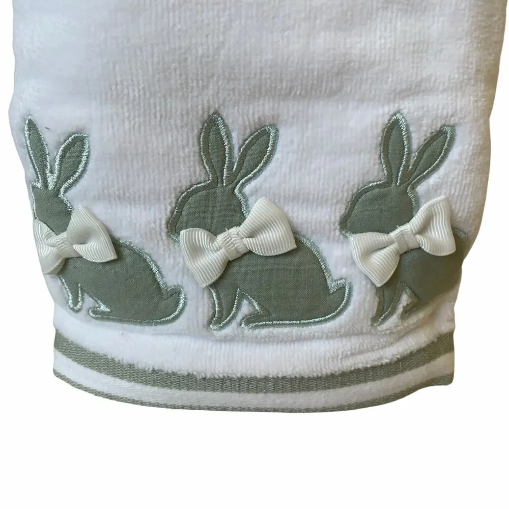 Caro Easter Bunny w/ Bow Hand Towels 2pc 16x28 Embroidered Green & White NEW